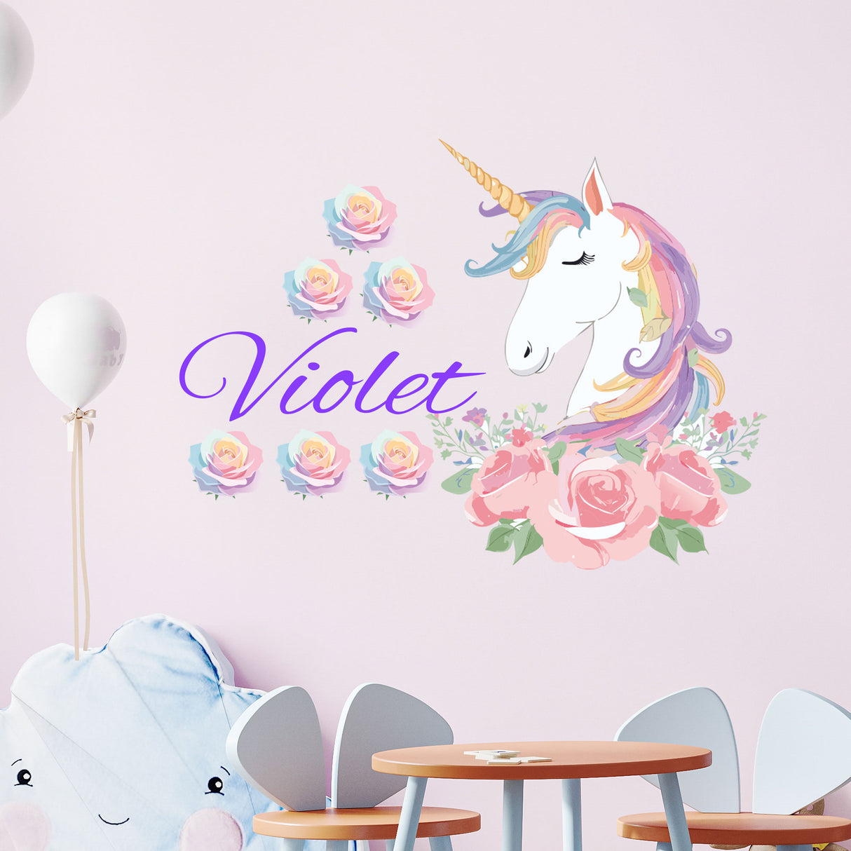 Personalised Rose Floral Unicorn Wall Stickers