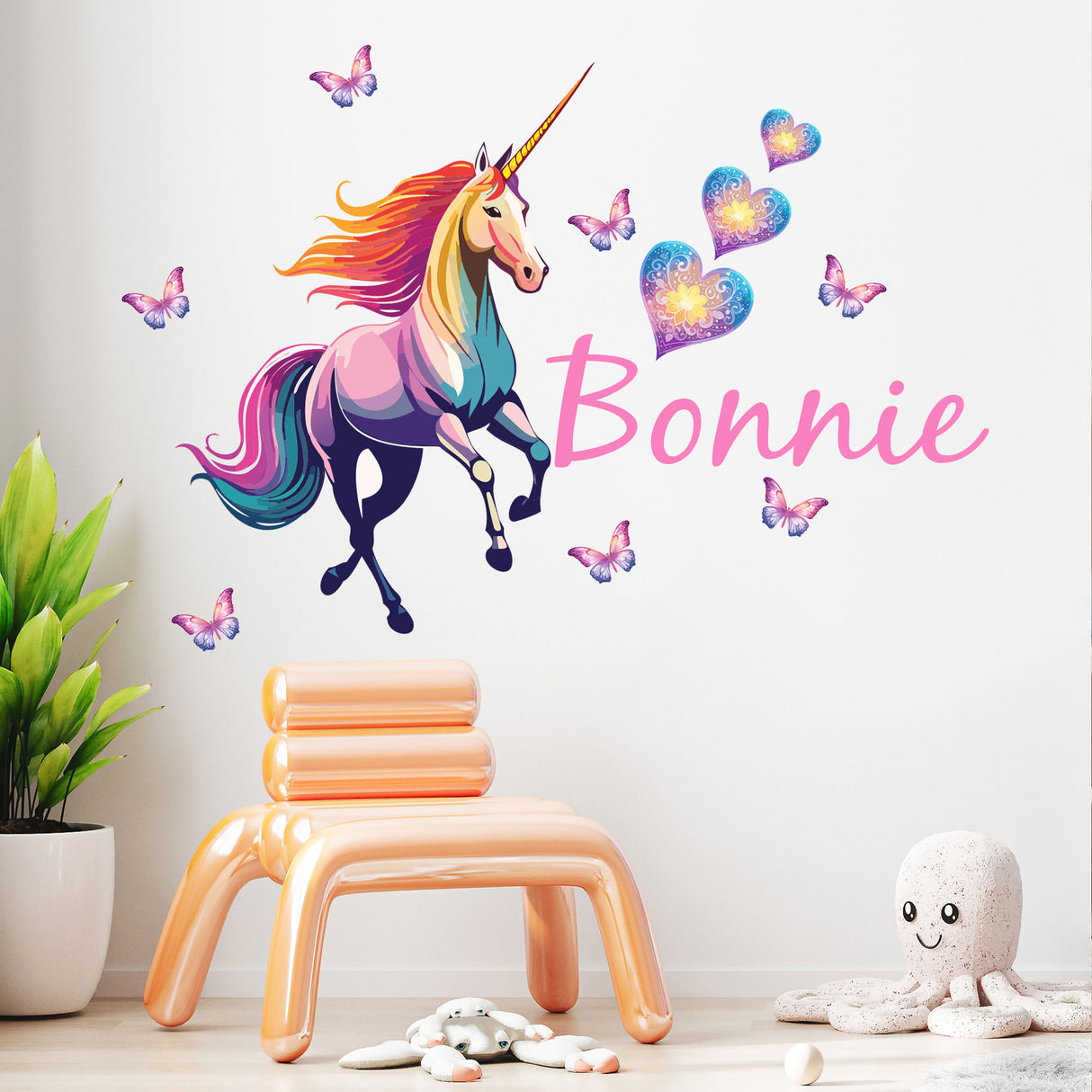 Custom Colourful Hearts Running Unicorn Decals