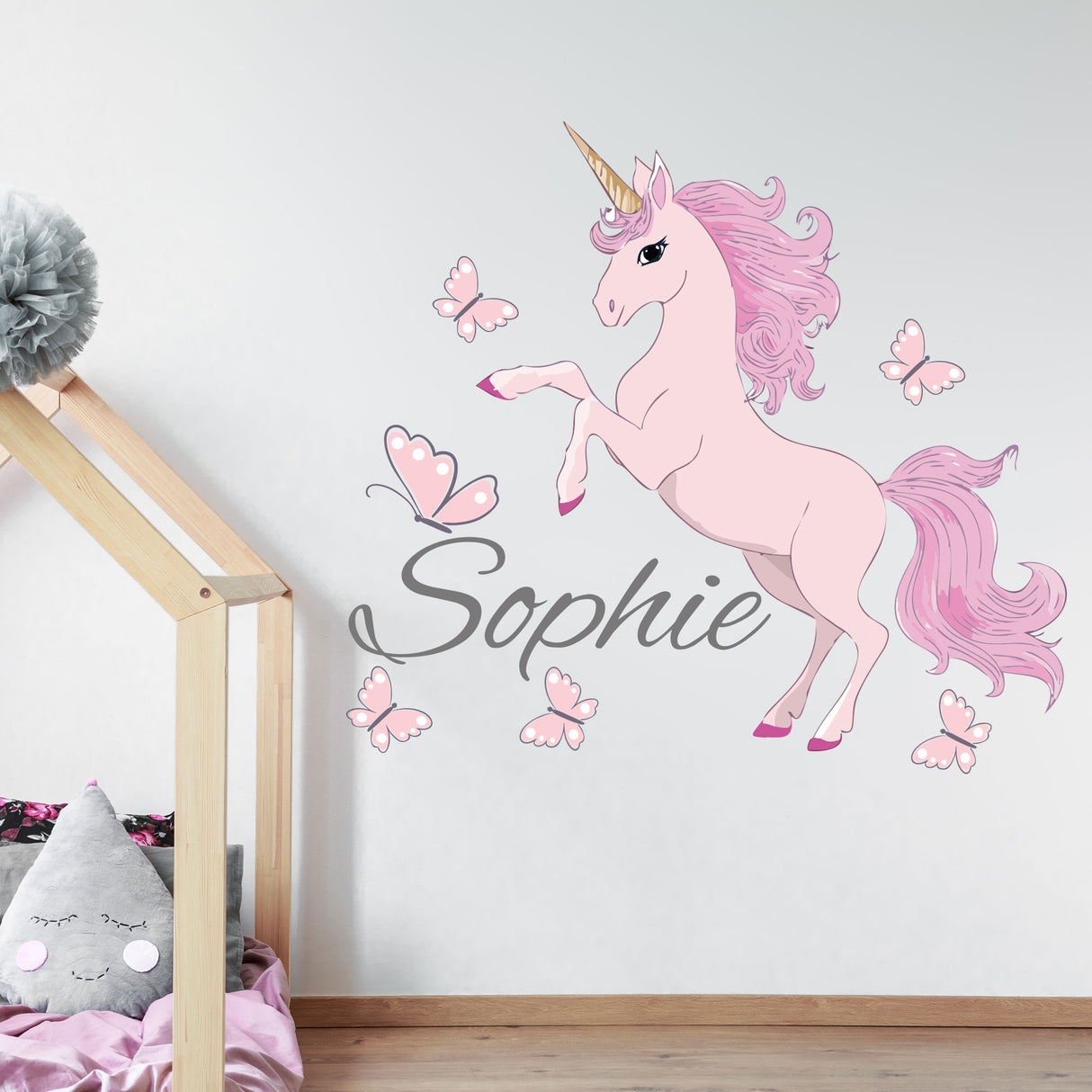 Pink Unicorn Wall Stickers with Custom Name – Personalised Girls Bedroom Decor