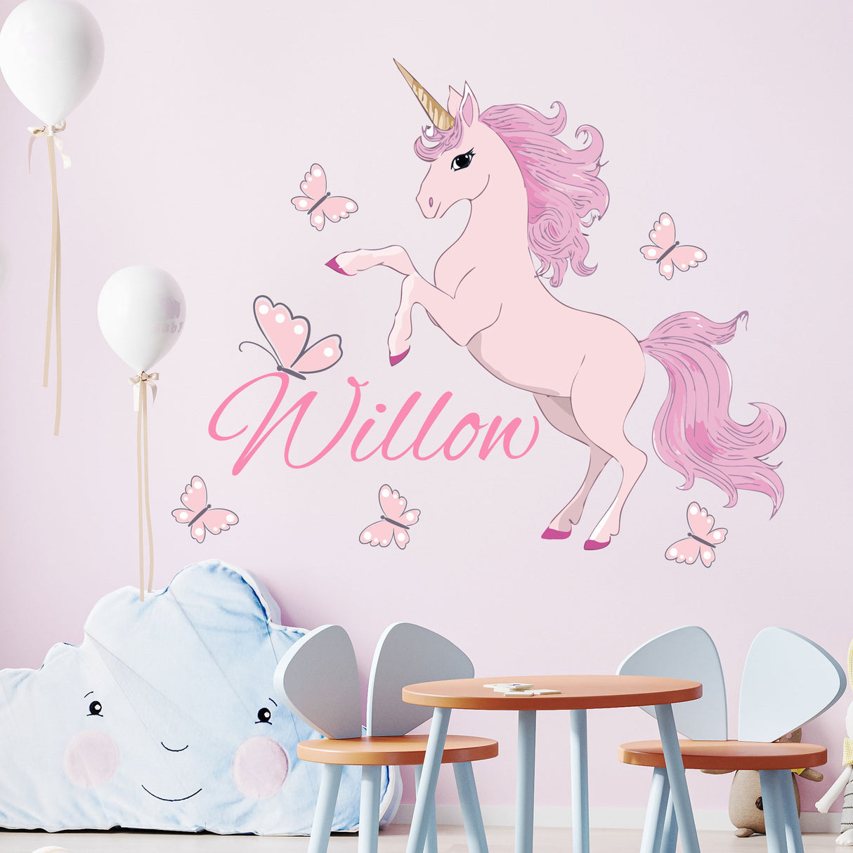 Pink Unicorn Wall Stickers with Custom Name – Personalised Girls Bedroom Decor