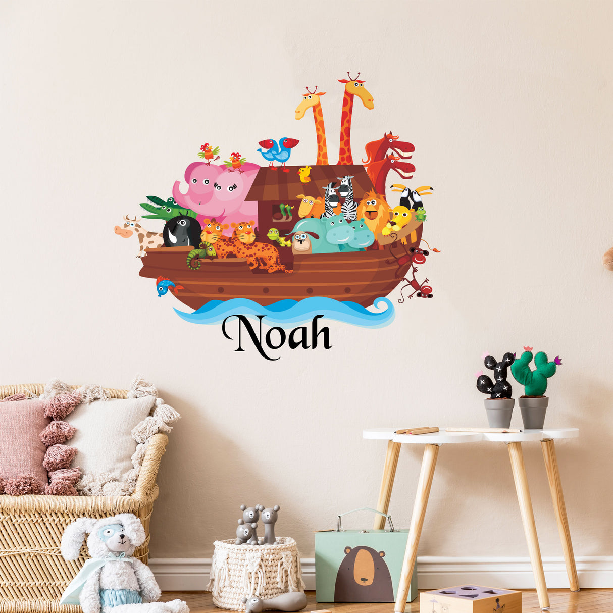 Personalised Noah’s Ark Wall Sticker with Name – Custom Animal Nursery Wall Decal for Baby Room