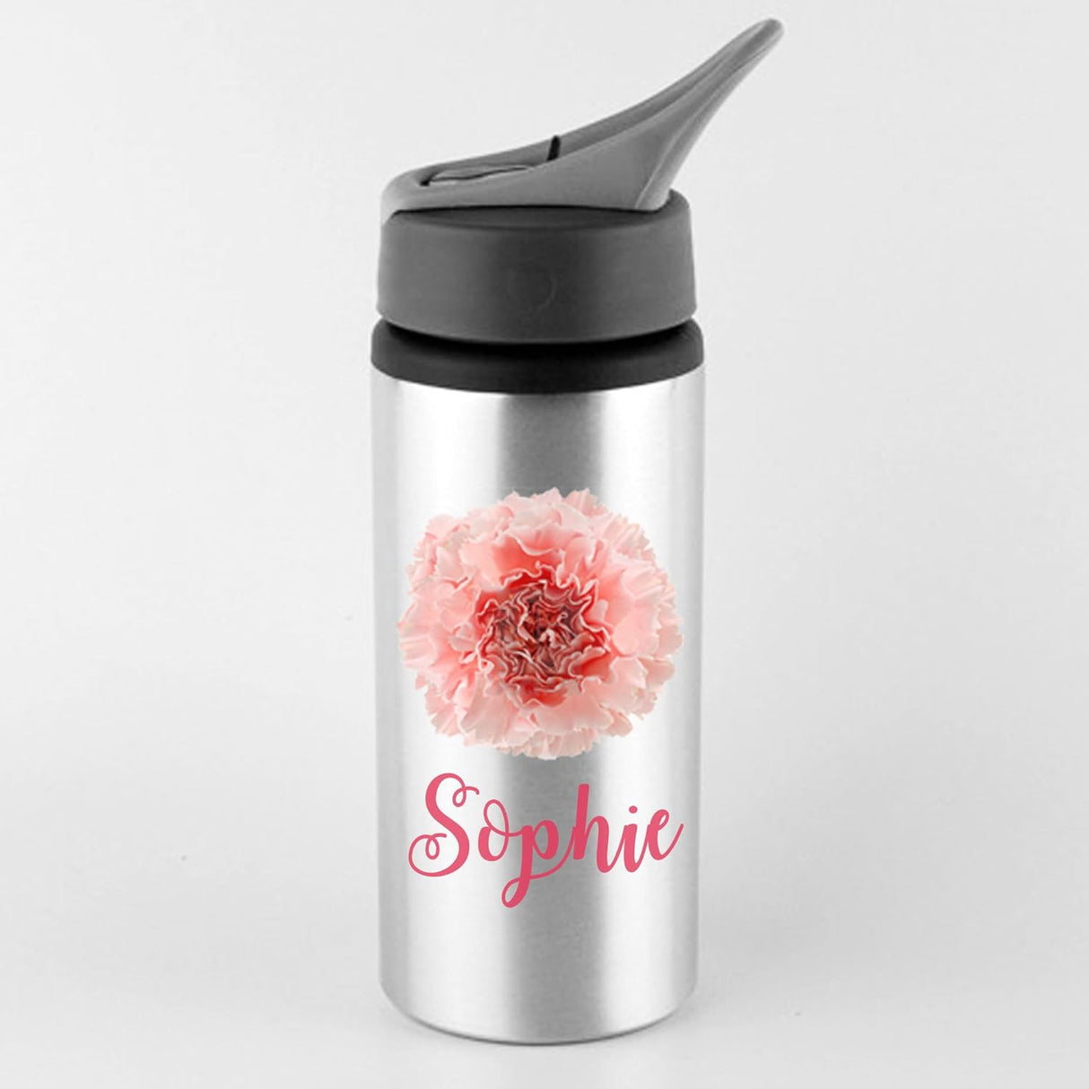 Print Carnation Water bottle kids personalised name School Sport Drink Water