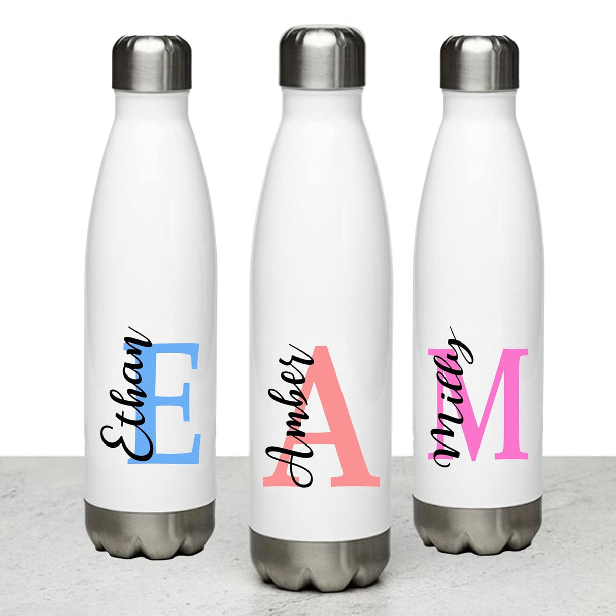 Personalised Water Bottle School Sport Cap Drink White Silver