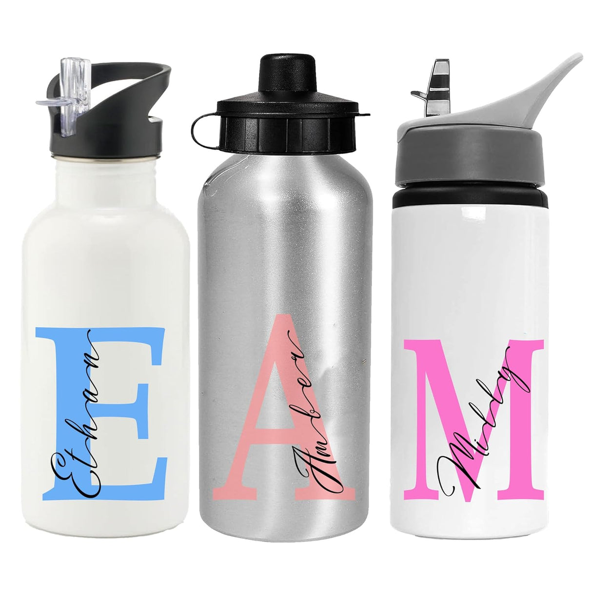 Personalised Water Bottle School Sport Cap Drink White Silver