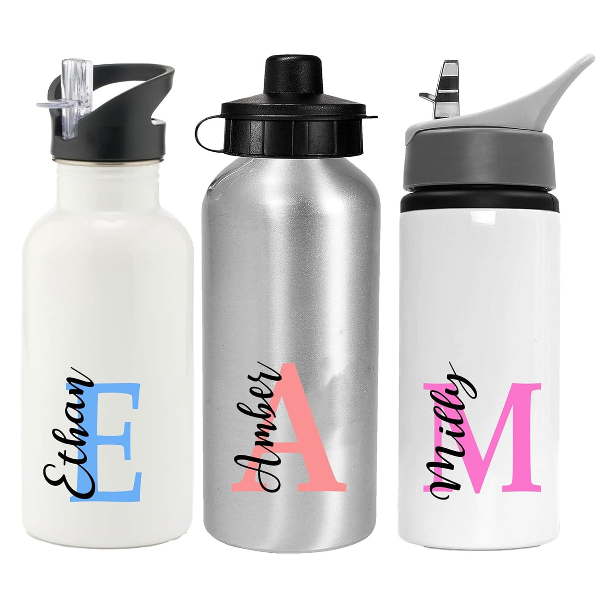 Personalised Water Bottle School Sport Cap Drink White Silver