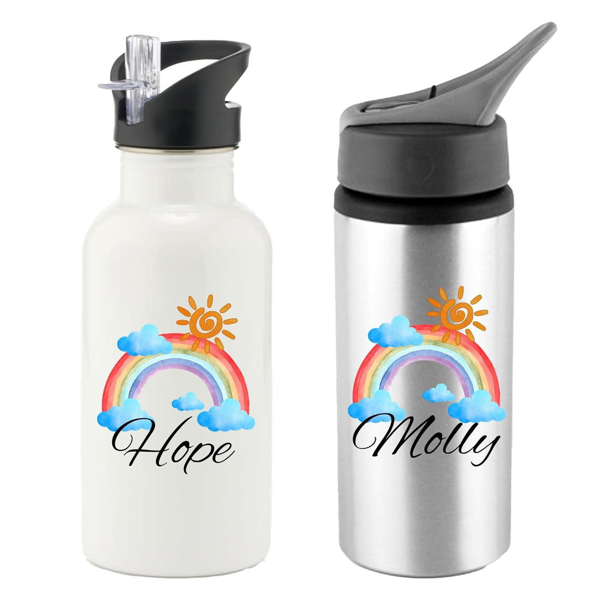 Personalised Water Bottle Rainbow Cloud School Sport Drink Leakproof