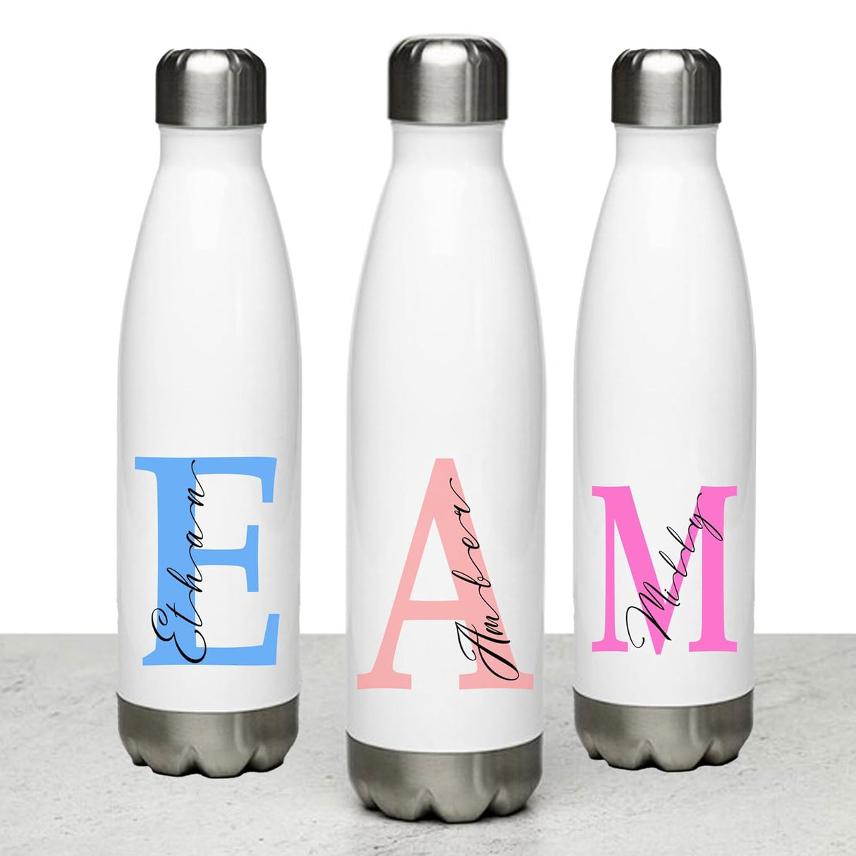 Personalised Water Bottle School Sport Cap Drink White Silver