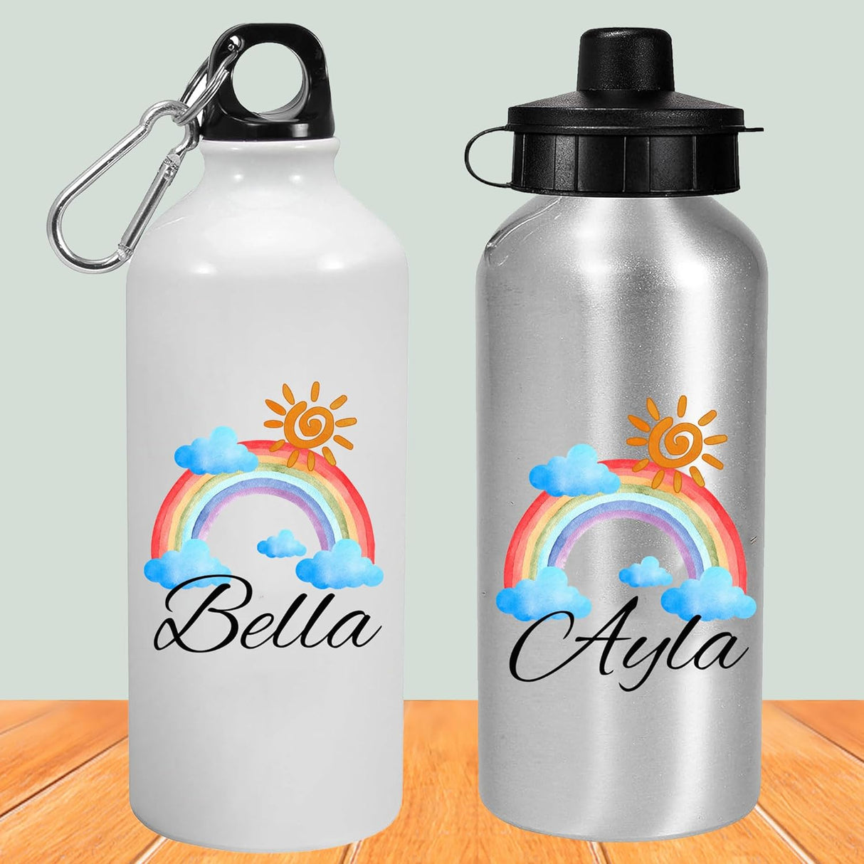 Personalised Water Bottle Rainbow Cloud School Sport Drink Leakproof