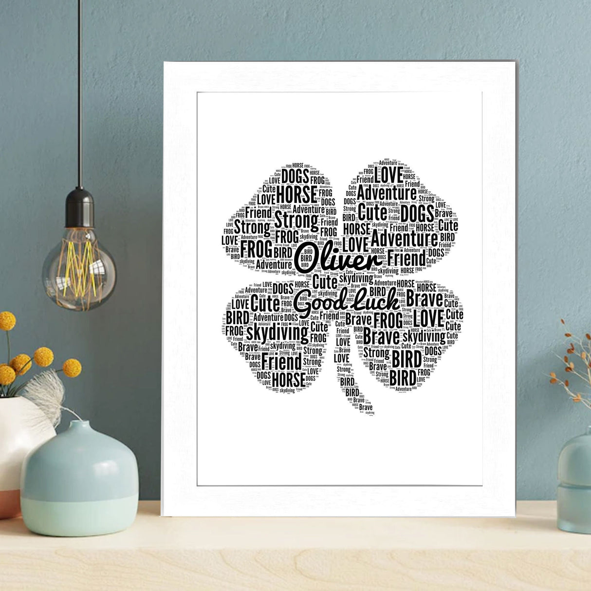 Personalised Name Four Leaf Clover Word Art Print, Custom Name Irish Leaf Clover Word cloud Decor, Birthday gifts, Christmas Gift Wall Frame