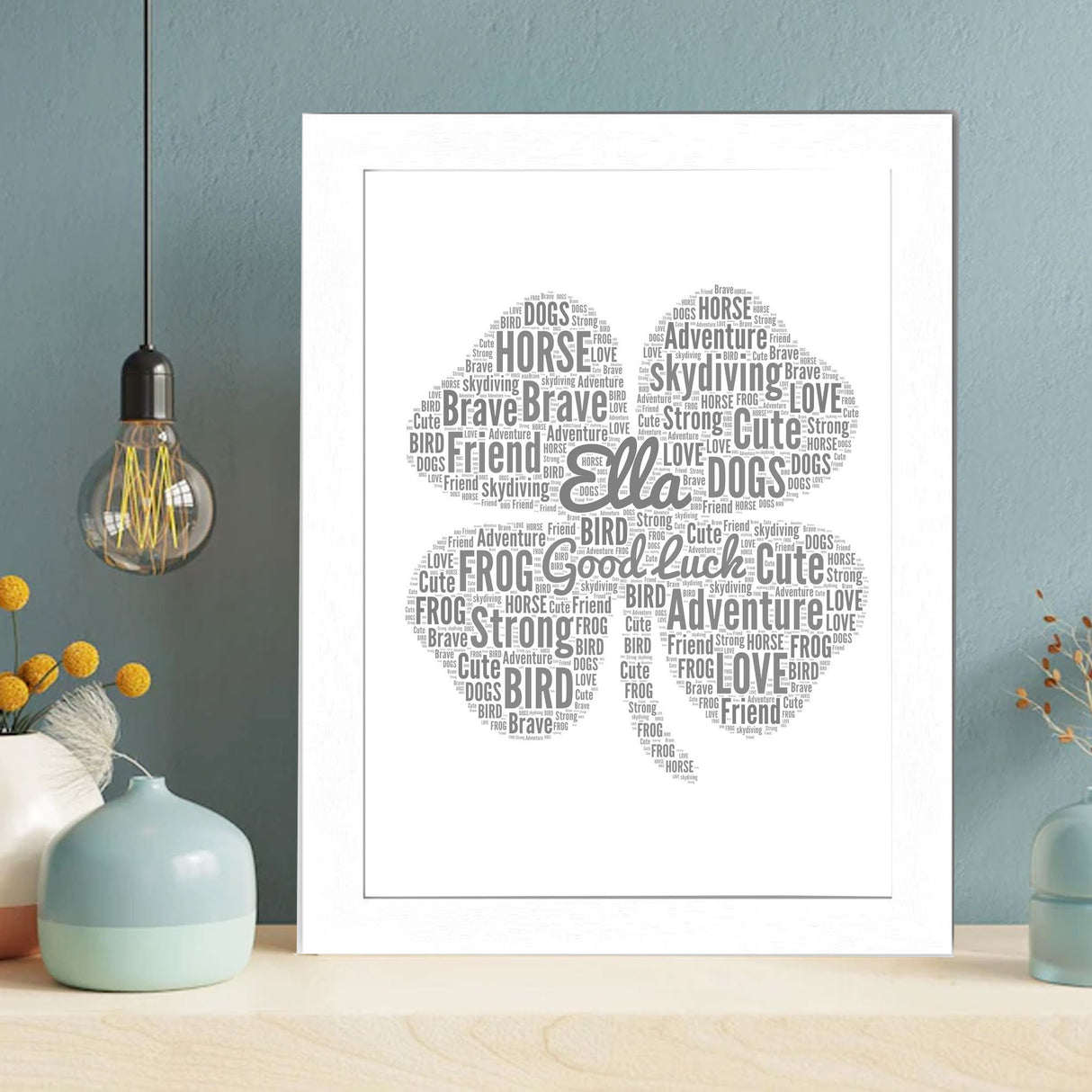 Personalised Name Four Leaf Clover Word Art Print, Custom Name Irish Leaf Clover Word cloud Decor, Birthday gifts, Christmas Gift Wall Frame