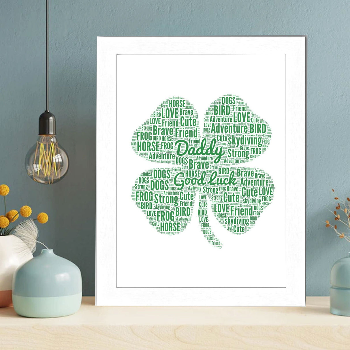 Personalised Name Four Leaf Clover Word Art Print, Custom Name Irish Leaf Clover Word cloud Decor, Birthday gifts, Christmas Gift Wall Frame