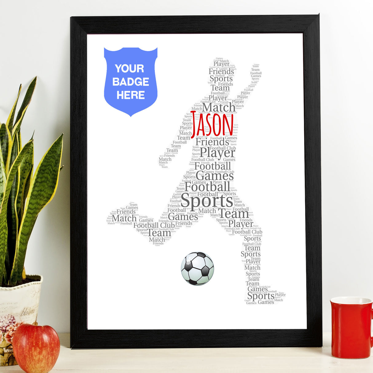 football action figure personalised word art frame print with personalised name and team badge