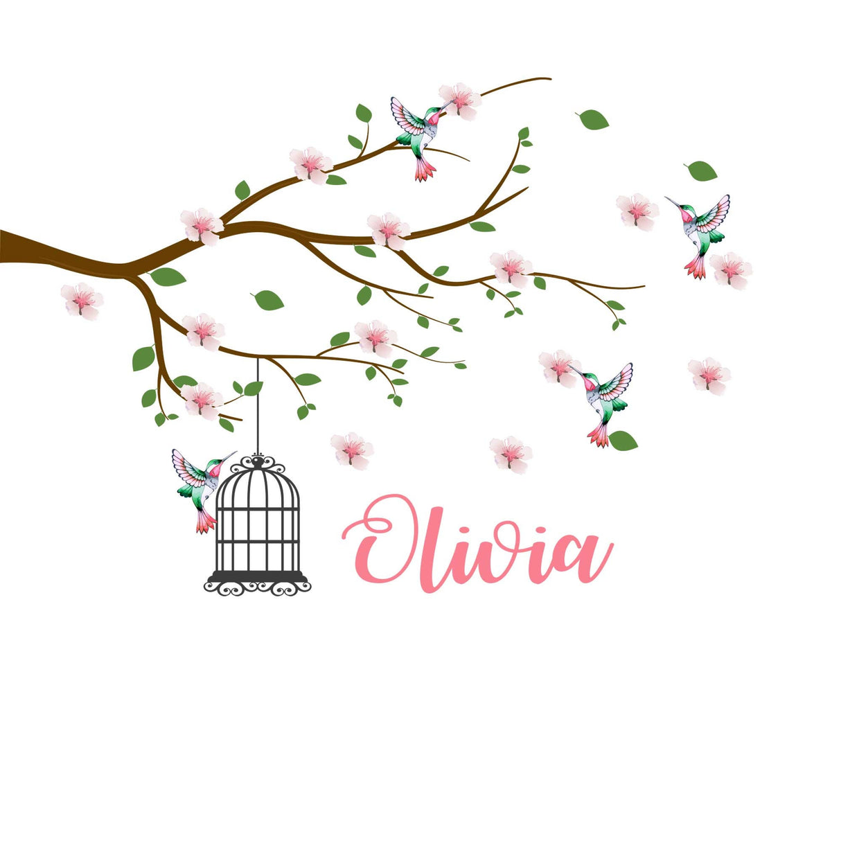 Personalised name Cherry Tree branch wall sticker Blossom Flower Bird Cage Wall Stickers Removable Vinyl Nursery wall art Decals Watercolour