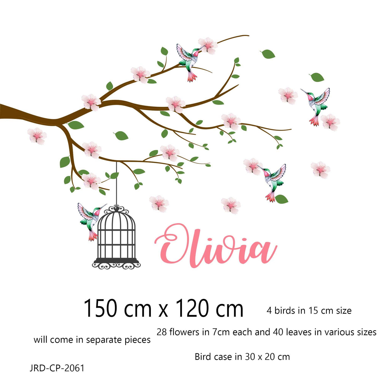 Personalised name Cherry Tree branch wall sticker Blossom Flower Bird Cage Wall Stickers Removable Vinyl Nursery wall art Decals Watercolour