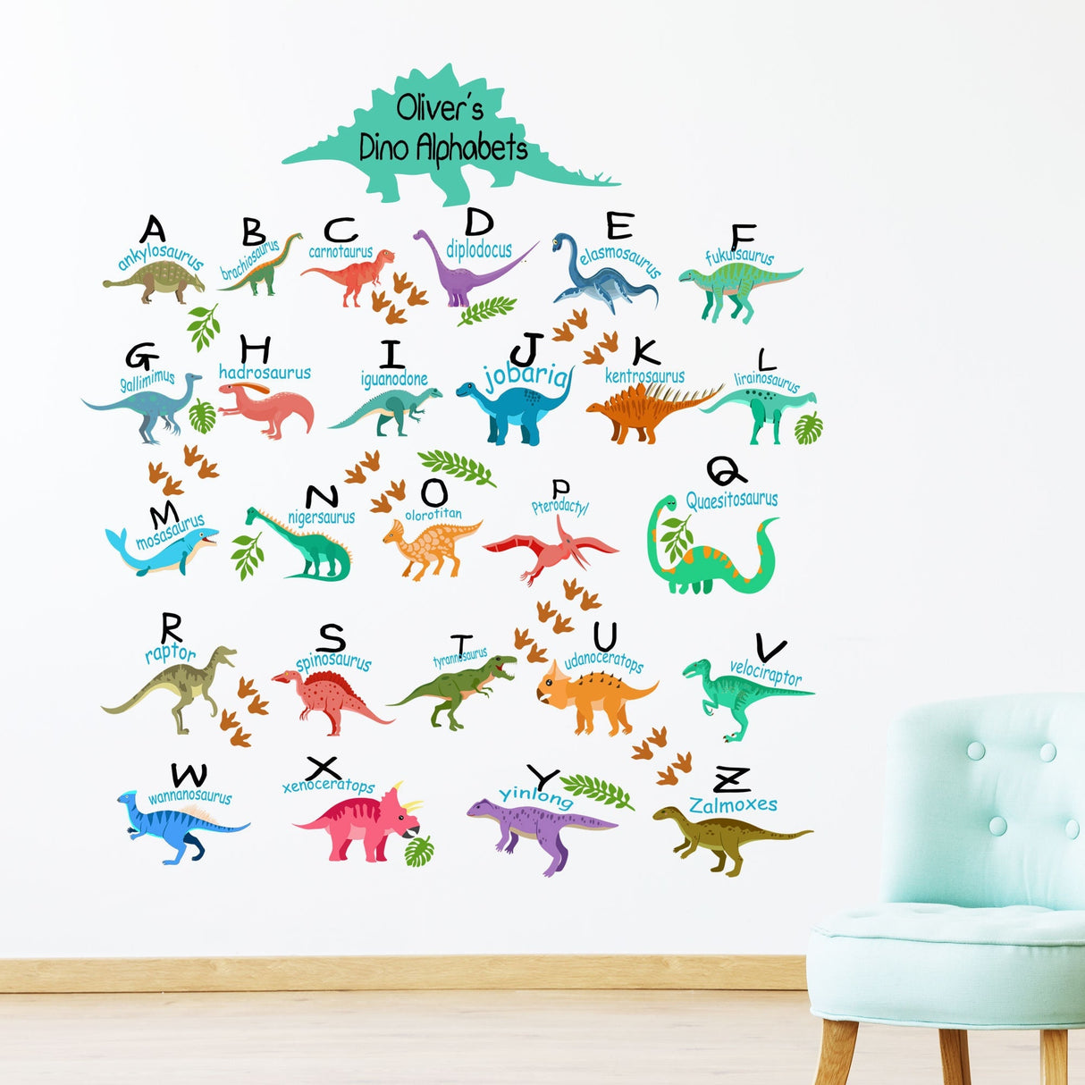 Alphabet Kids Wall Stickers Dinosaur Wall Stickers Personalised Name wall stickers Decals Removable for Nursery Bedroom Decorations