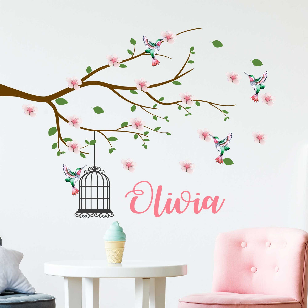 Personalised name Cherry Tree branch wall sticker Blossom Flower Bird Cage Wall Stickers Removable Vinyl Nursery wall art Decals Watercolour