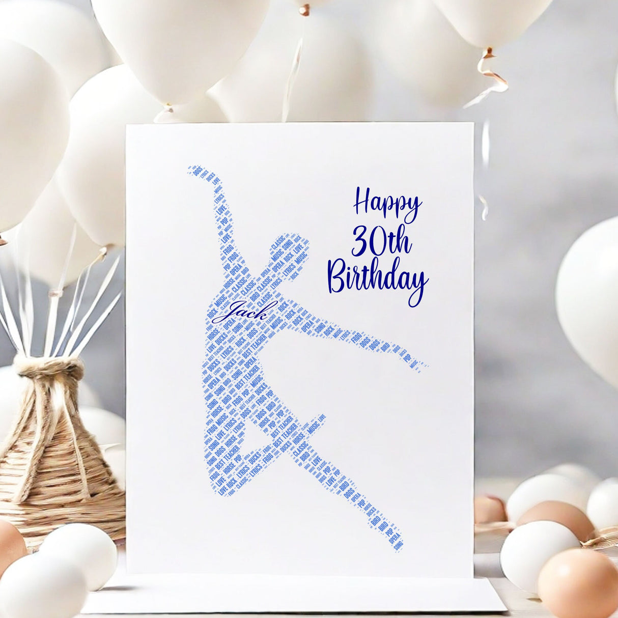 Personalized Happy Birthday Number Card, Male Ballet Dancing Figure Word Cloud Birthday gift A5 card, Word Art Personalised Card Print