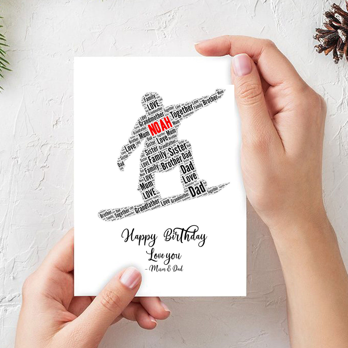 Personalized Happy Birthday Number Card, Snowboarding Figure Word Cloud Birthday gift A5 card, Word Art Personalised Card Print