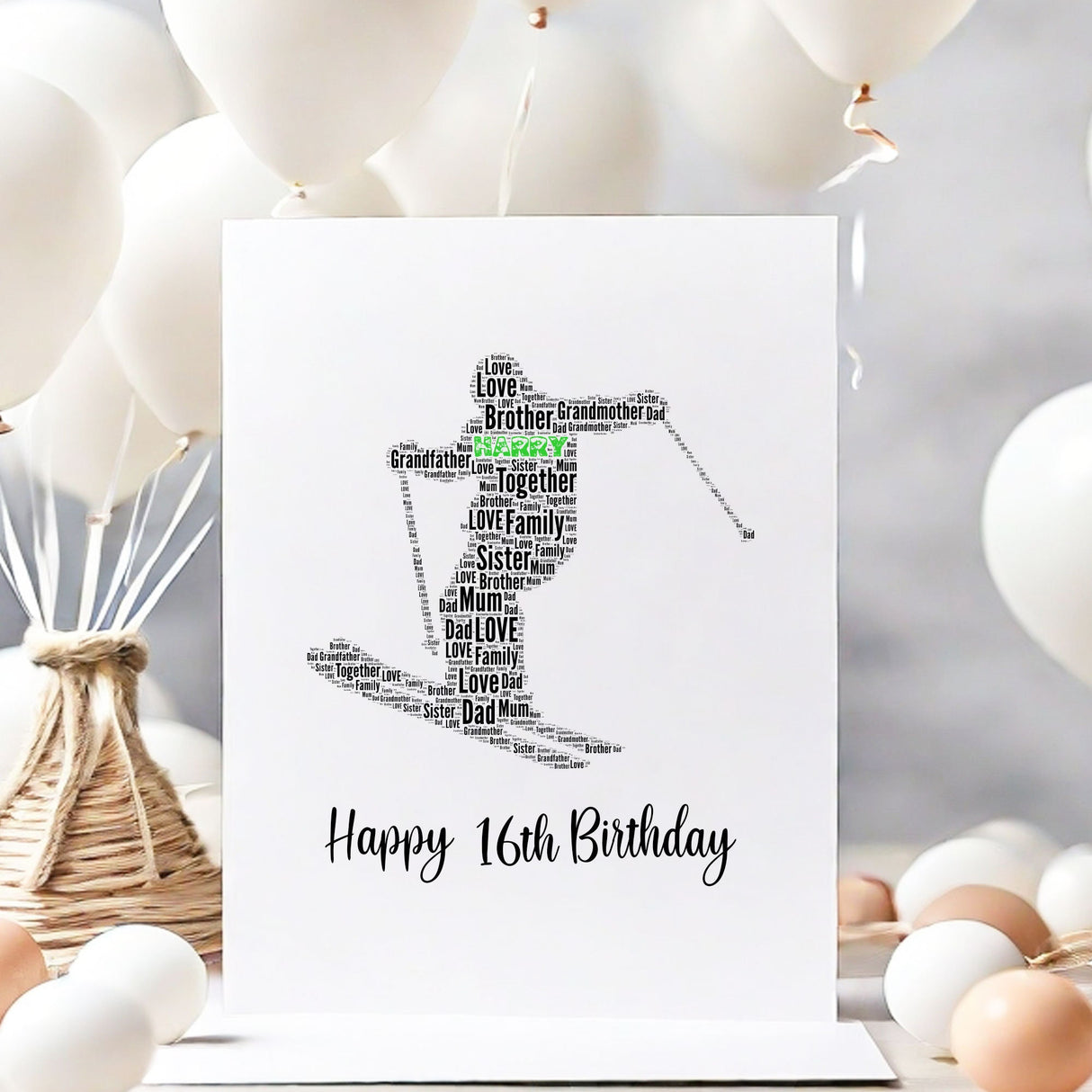 Personalized Happy Birthday Number Card, Snow Skier Word Cloud Birthday gift A5 card, Word Art Personalised Card Print