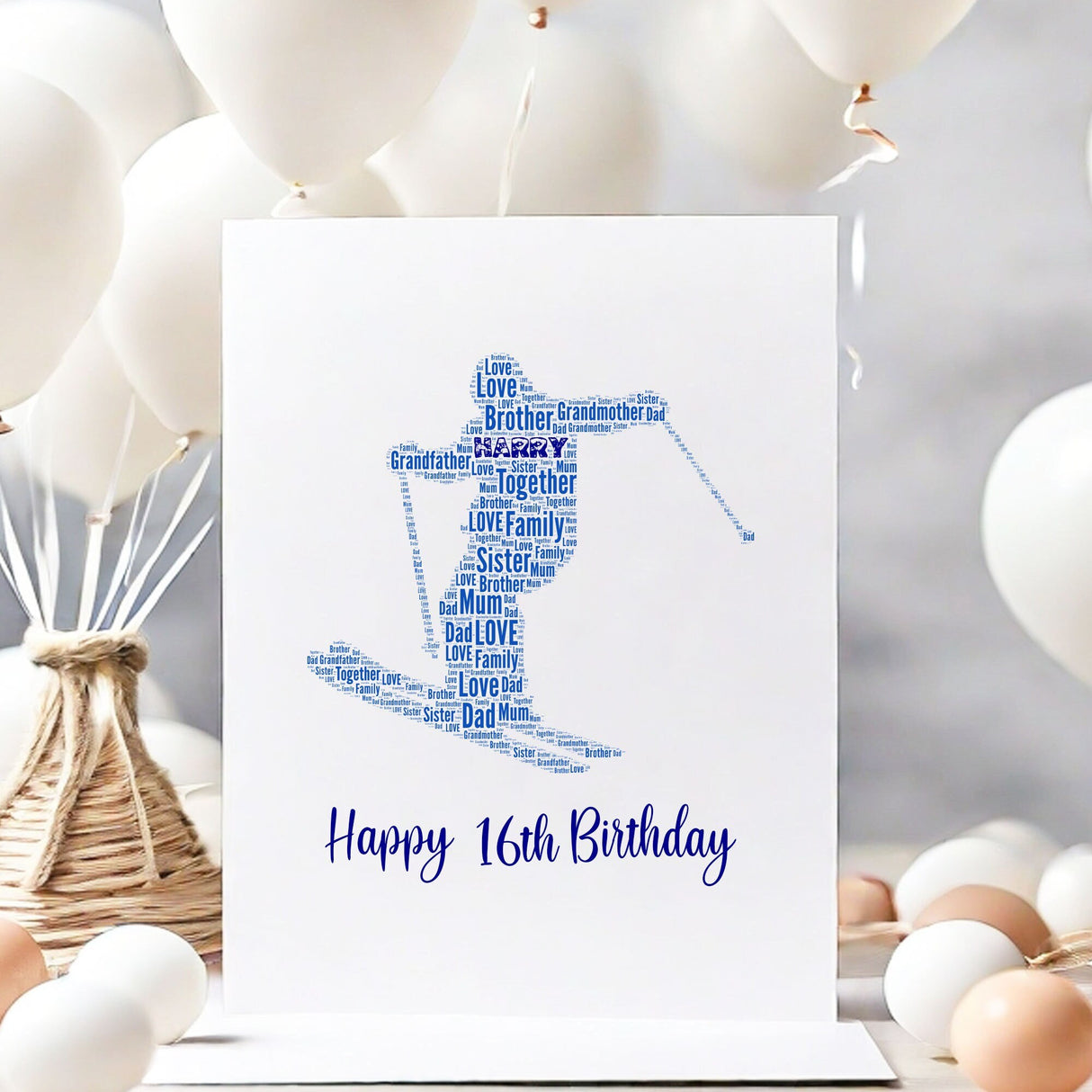 Personalized Happy Birthday Number Card, Snow Skier Word Cloud Birthday gift A5 card, Word Art Personalised Card Print
