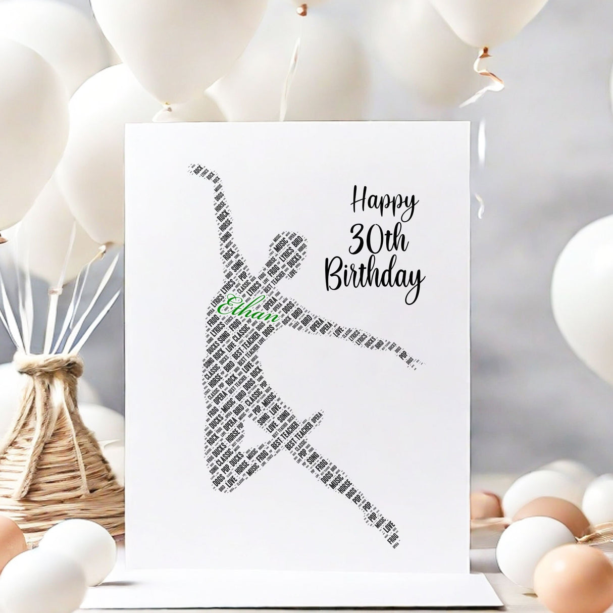 Personalized Happy Birthday Number Card, Male Ballet Dancing Figure Word Cloud Birthday gift A5 card, Word Art Personalised Card Print