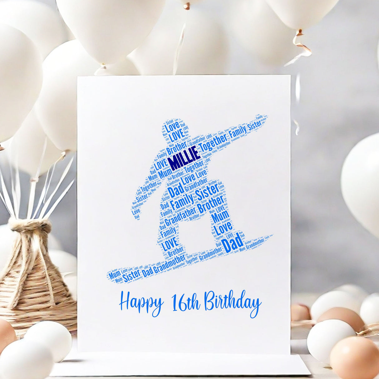 Personalized Happy Birthday Number Card, Snowboarding Figure Word Cloud Birthday gift A5 card, Word Art Personalised Card Print