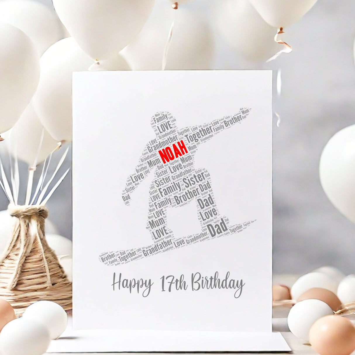 Personalized Happy Birthday Number Card, Snowboarding Figure Word Cloud Birthday gift A5 card, Word Art Personalised Card Print