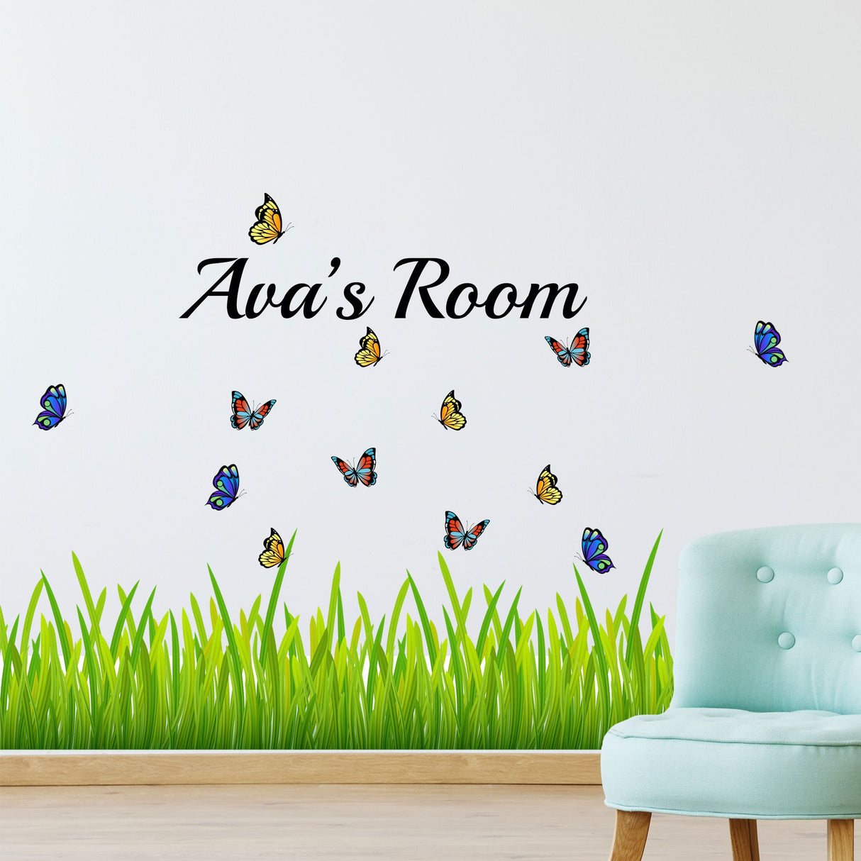 Custom Green Grass Wall Decals with Personalized Name and Butterflies for Bedroom Home Decor