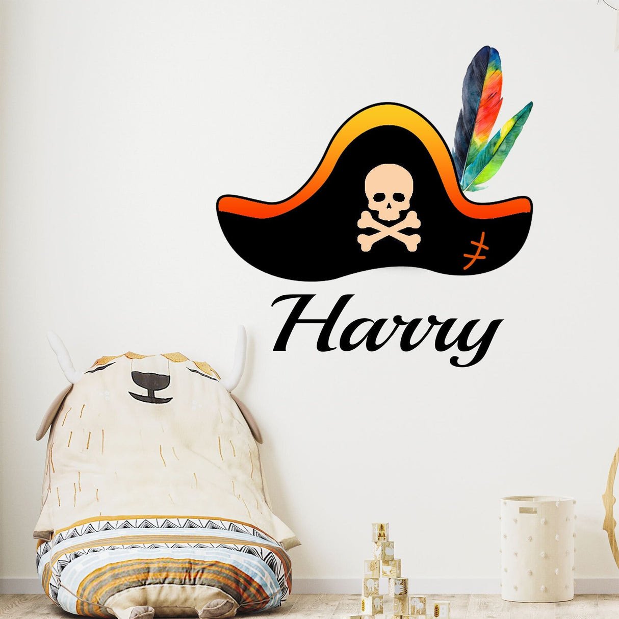 Personalised Pirate wall stickers for boys and girls, Pirate hat wall stickers for kids, Custom name wall decal, Nursery wall art stickers