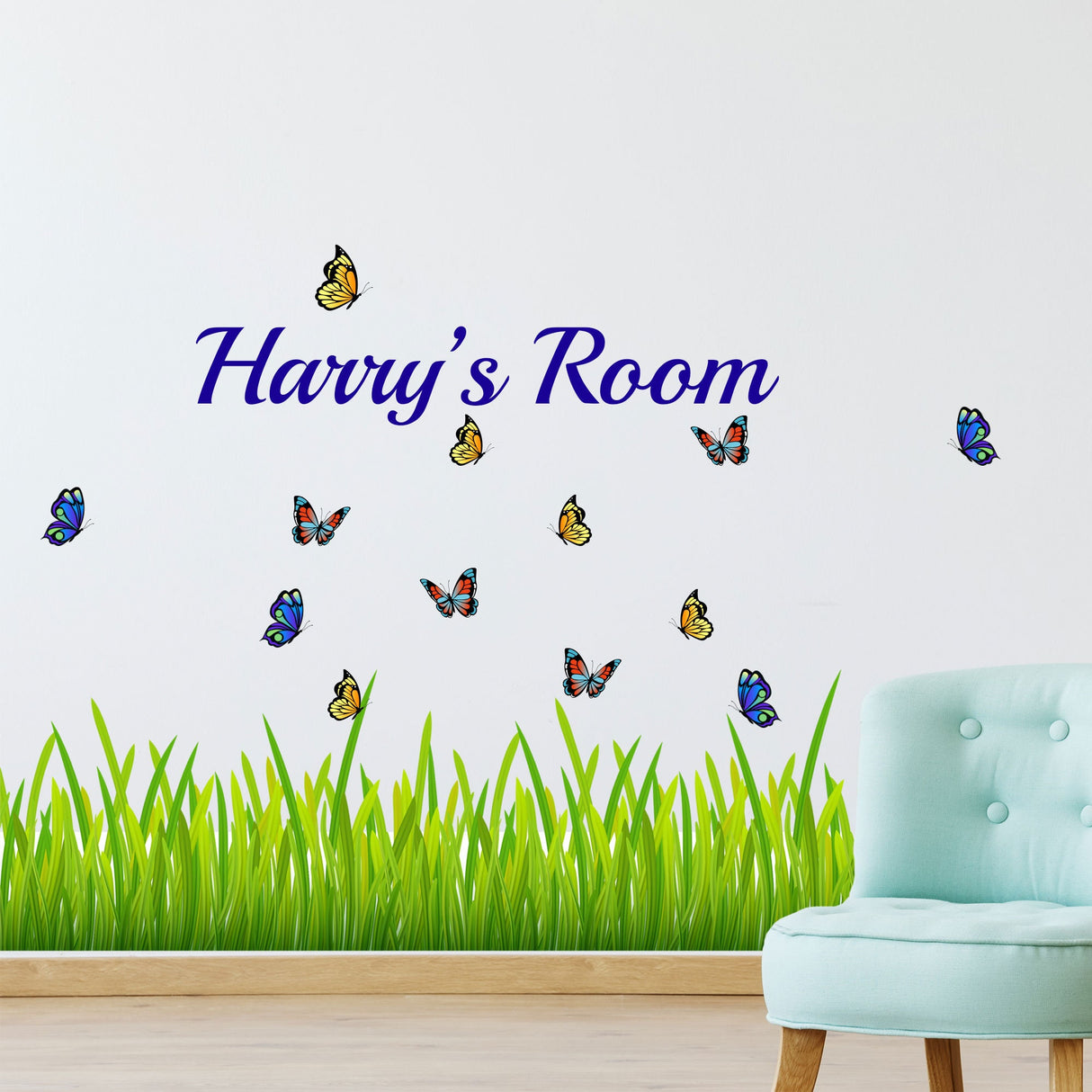 Custom Green Grass Wall Decals with Personalized Name and Butterflies for Bedroom Home Decor