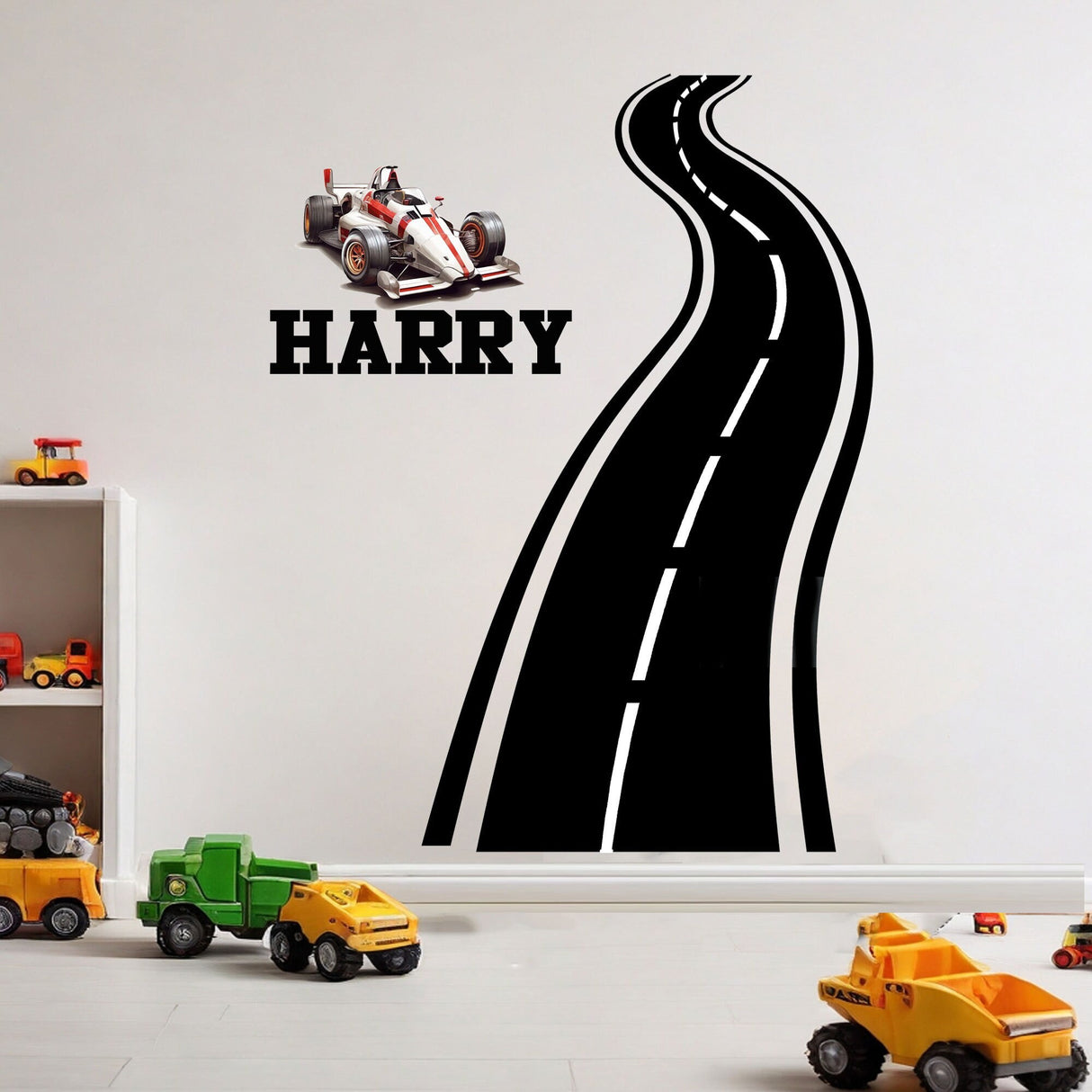 Personalised Car Track Wall Stickers, Custom Race Car Name Vinyl Wall decals, Transportation Decal, Road Car name vinyl stickers