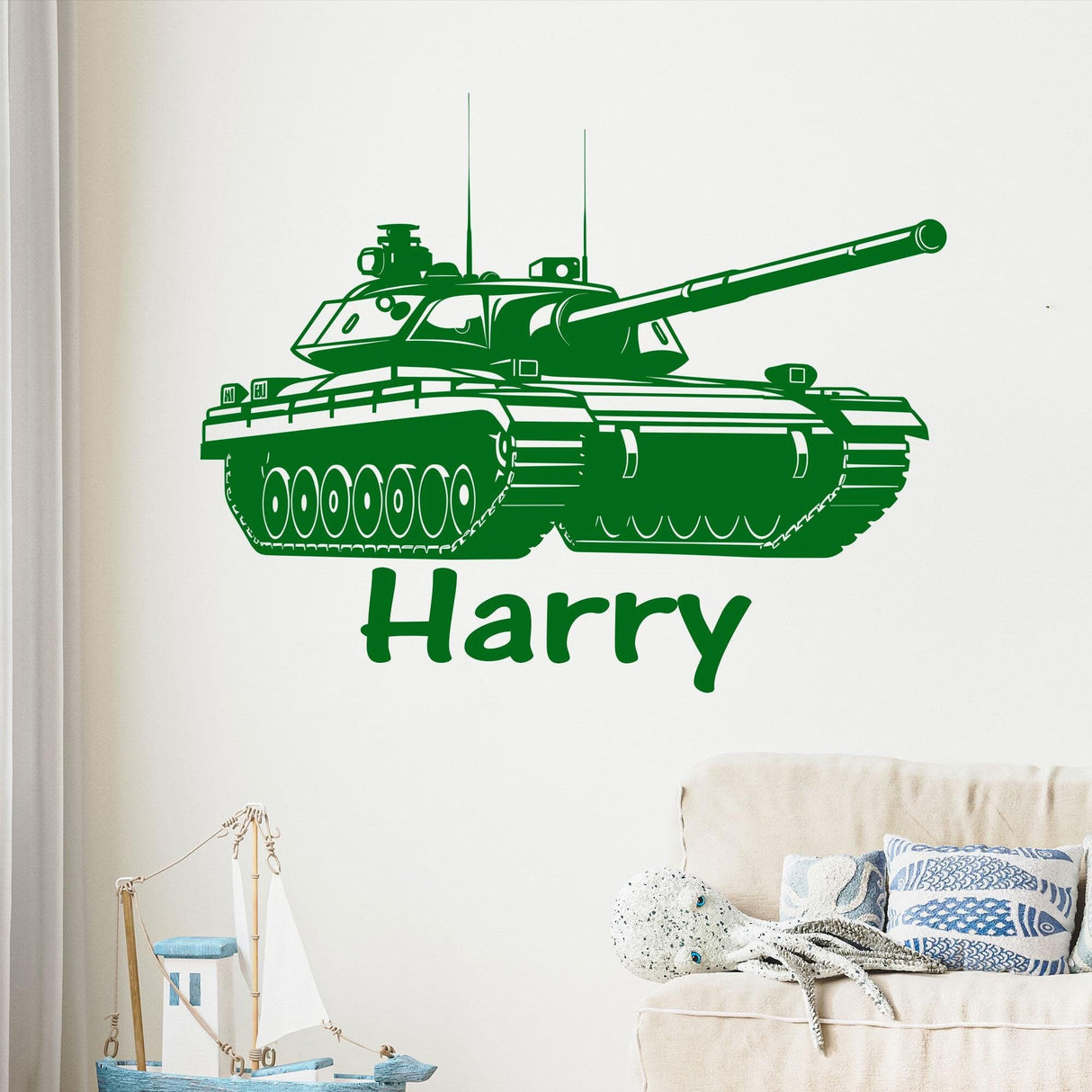 Army Tank Wall Stickers Personalised Name, Custom Name Tank Vinyl Wall Decals, Kids Bedroom Baby Nursery Playroom Home Decor