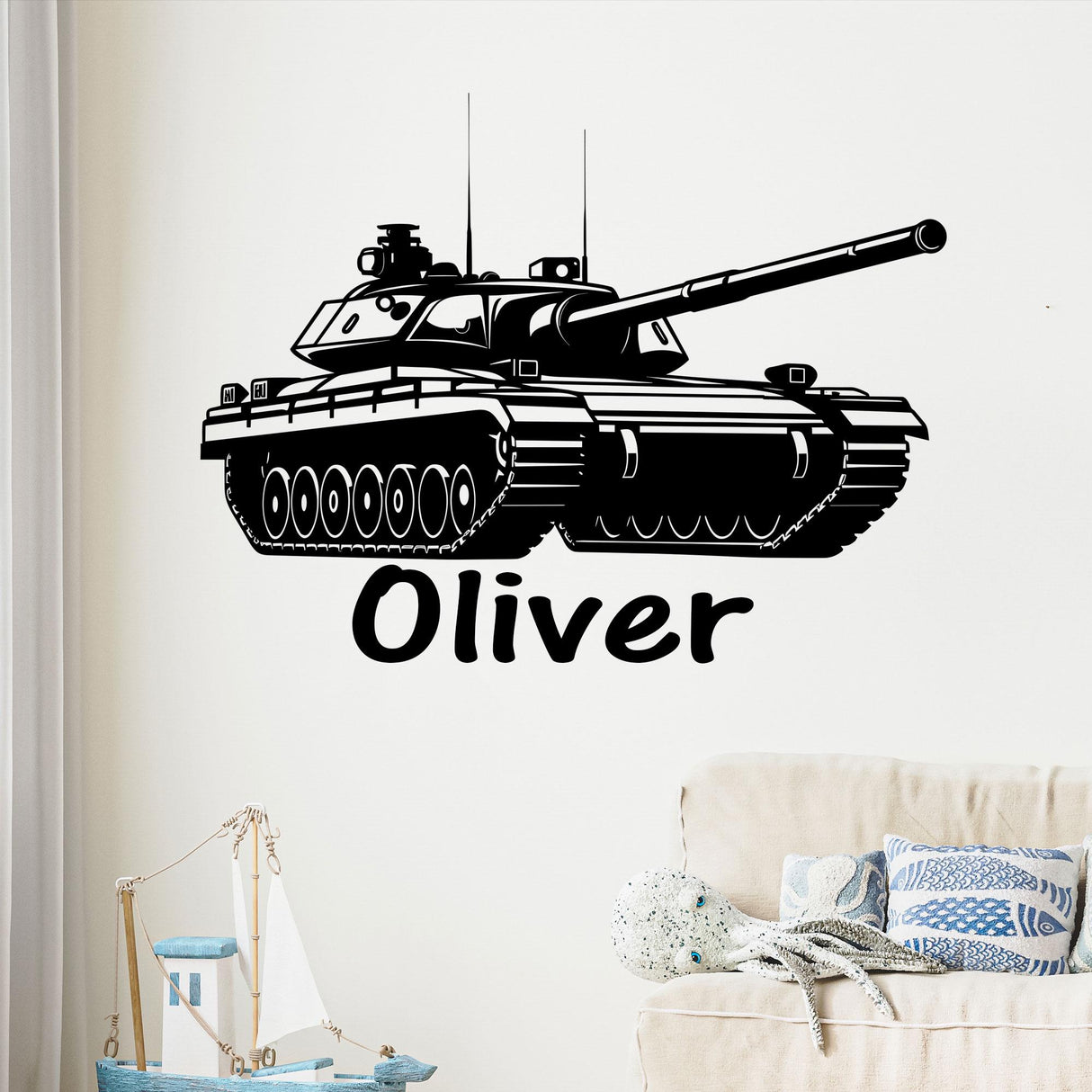 Army Tank Wall Stickers Personalised Name, Custom Name Tank Vinyl Wall Decals, Kids Bedroom Baby Nursery Playroom Home Decor