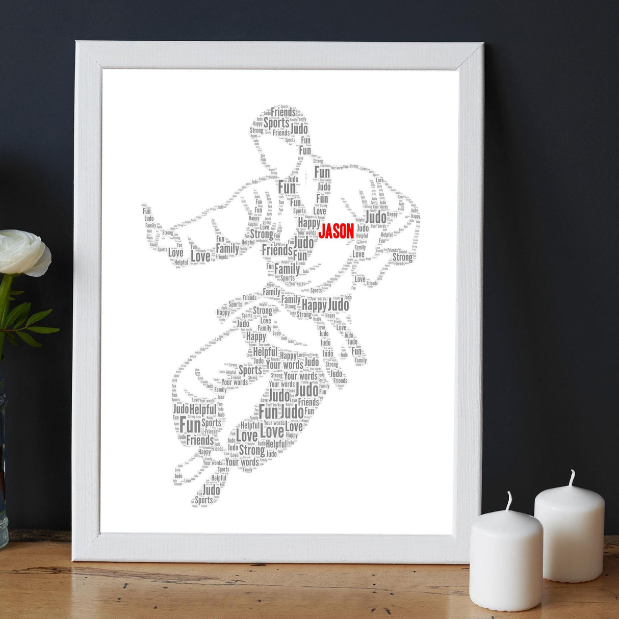 Personalised Male Judo Action Figure Word Art Frame