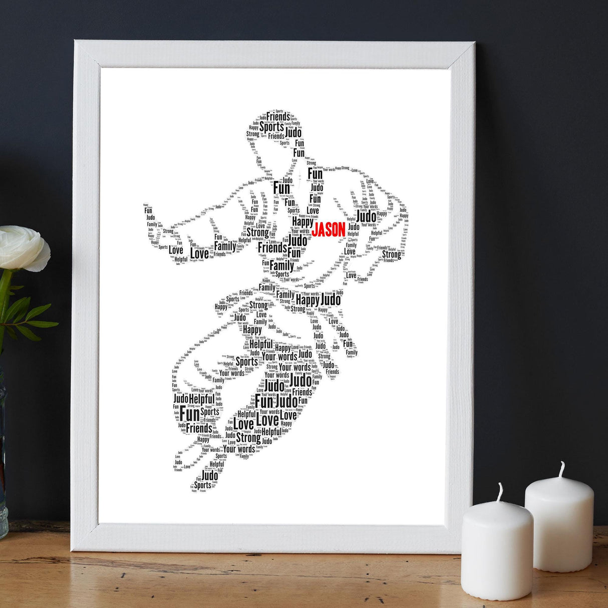 Personalised Male Judo Action Figure Word Art Frame