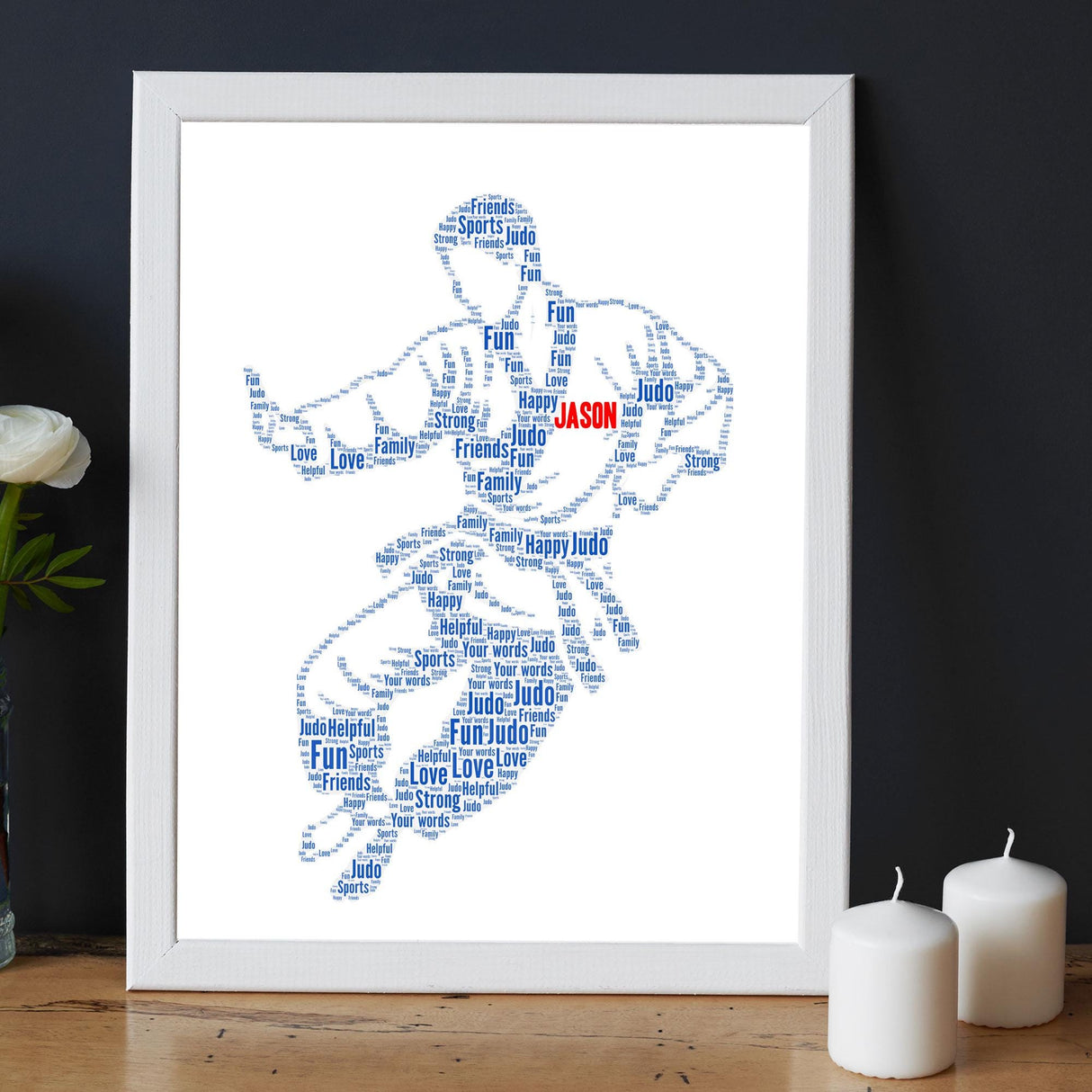 Personalised Male Judo Action Figure Word Art Frame