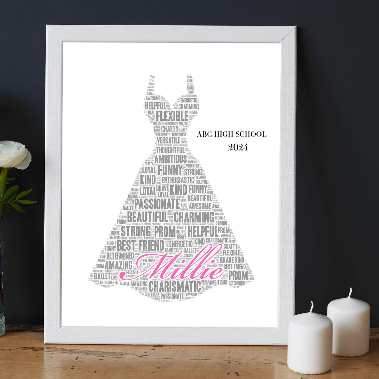 Personalised Prom Dresses word art print with Frame