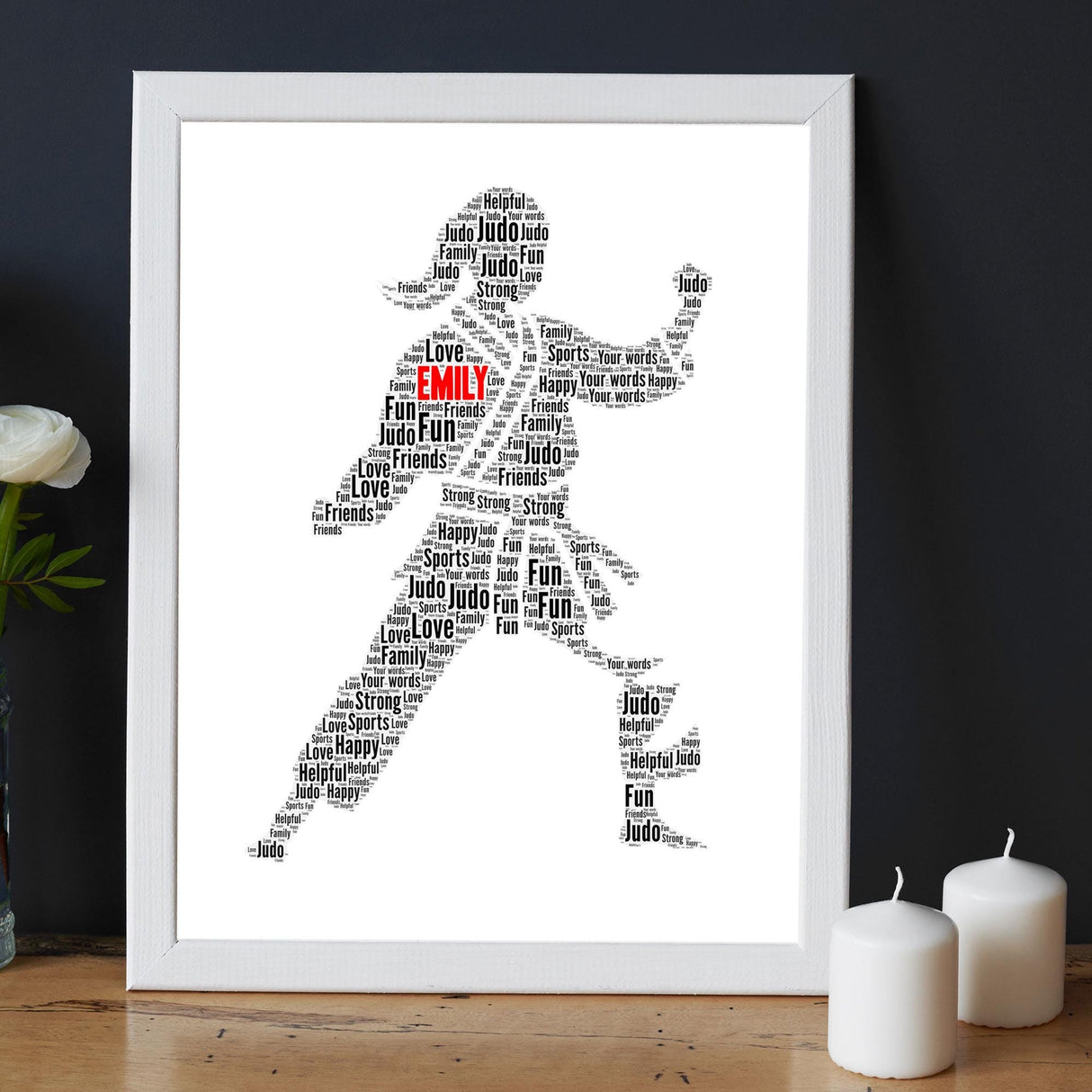 Personalised Female Judo Word Art Printed Frame, Custom Karate Student word art Print, Judo, Kung Fu, Taekwondo Word cloud Print Birthday Gifts Frame