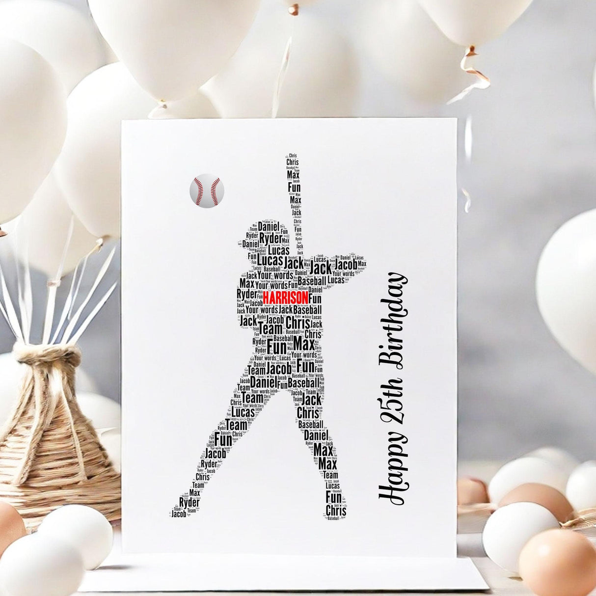 Baseball word art birthday Card, number Cards, Baseball player wall art, For Her, Girls, Kids - Daughter, Mother, A5 size birthday cards