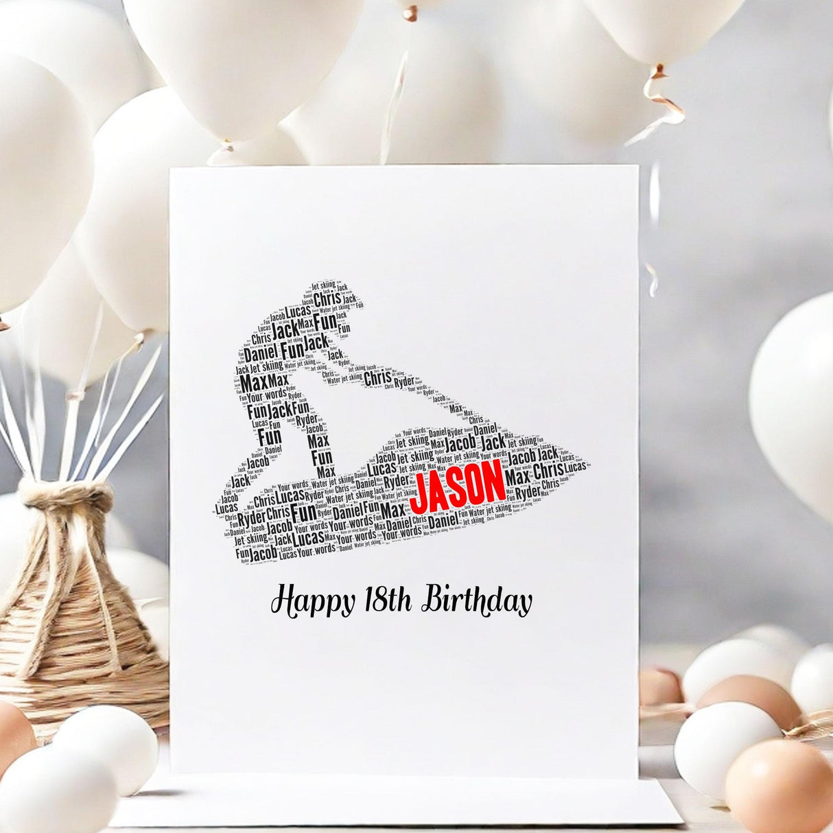 Personalised Water jet skiing Birthday Card, word art Cards, For Her, Him, Boys, Girls, Kids - Daughter, Son, Father, A5 greeting cards