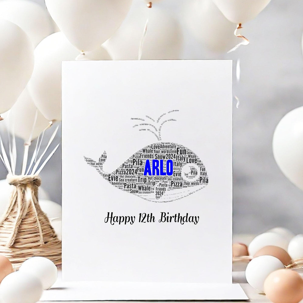 Personalised Birthday Card for kids, Whale word art Cards, For Her, Him, Boys, Girls, Kids - Daughter, Son, Father, A5 greeting cards