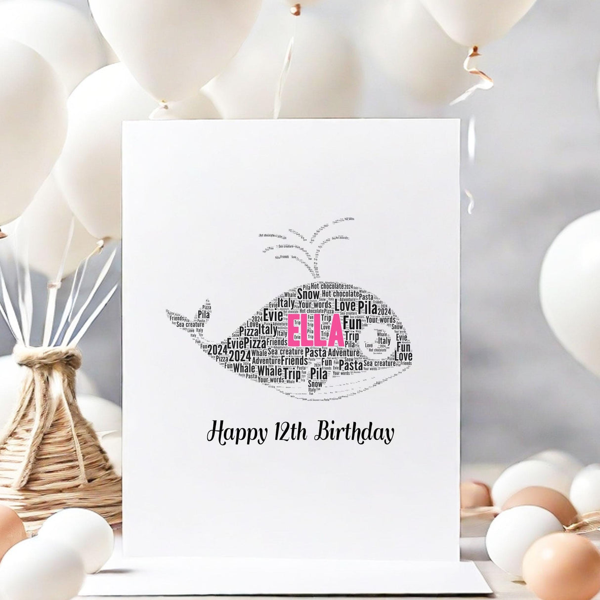 Personalised Birthday Card for kids, Whale word art Cards, For Her, Him, Boys, Girls, Kids - Daughter, Son, Father, A5 greeting cards