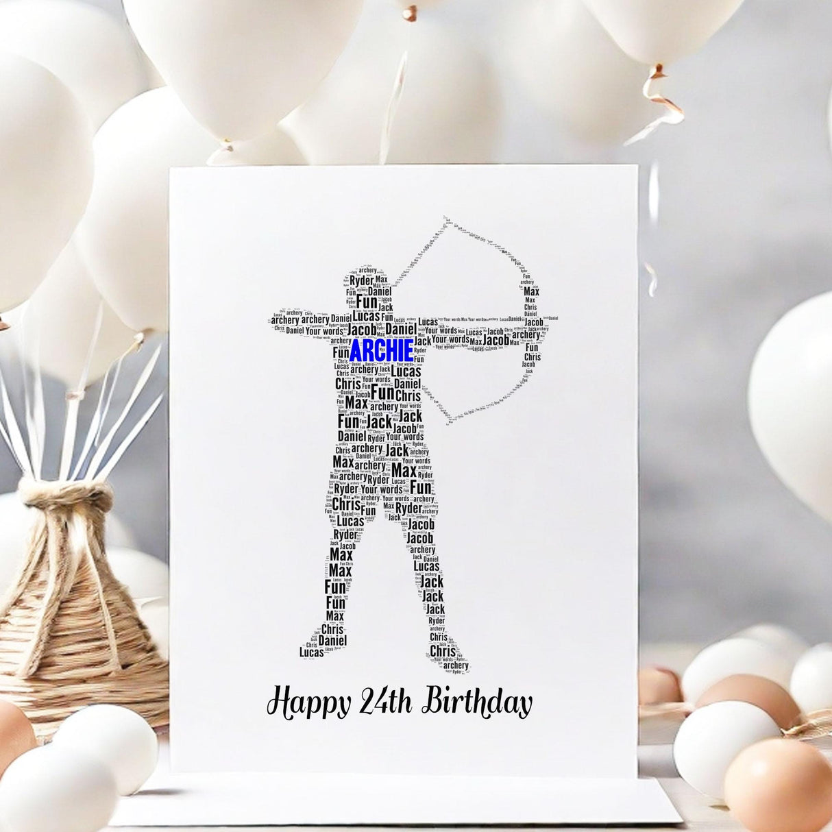 Personalized Archery Birthday card, male Archery figure Word Art Print, framed, unframed, Print, For him, husband, boys, A5 greeting cards