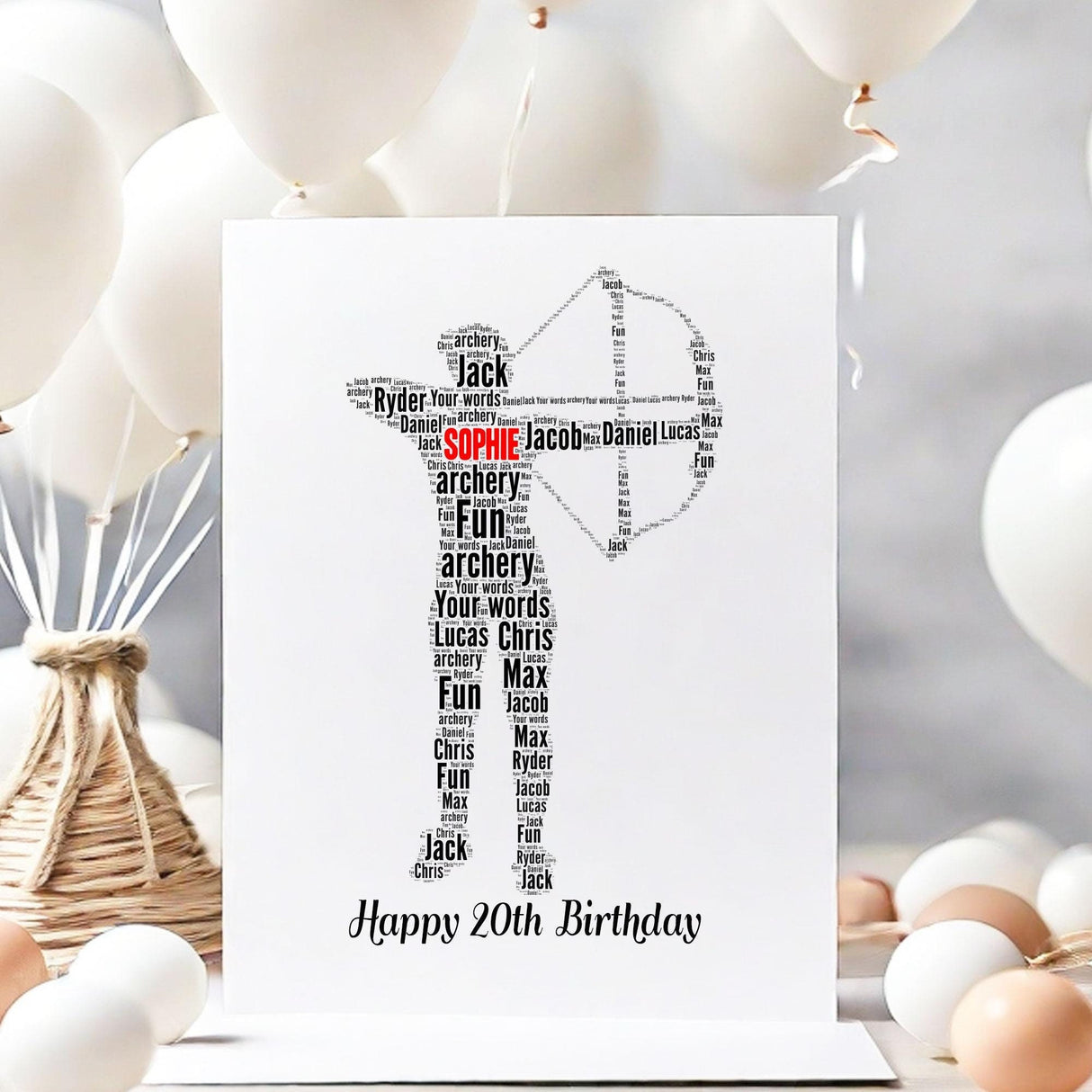 Personalized Archery Birthday card, female Archery figure Word Art Print, framed, unframed, Print, For her, wife, daughter A5 greeting cards