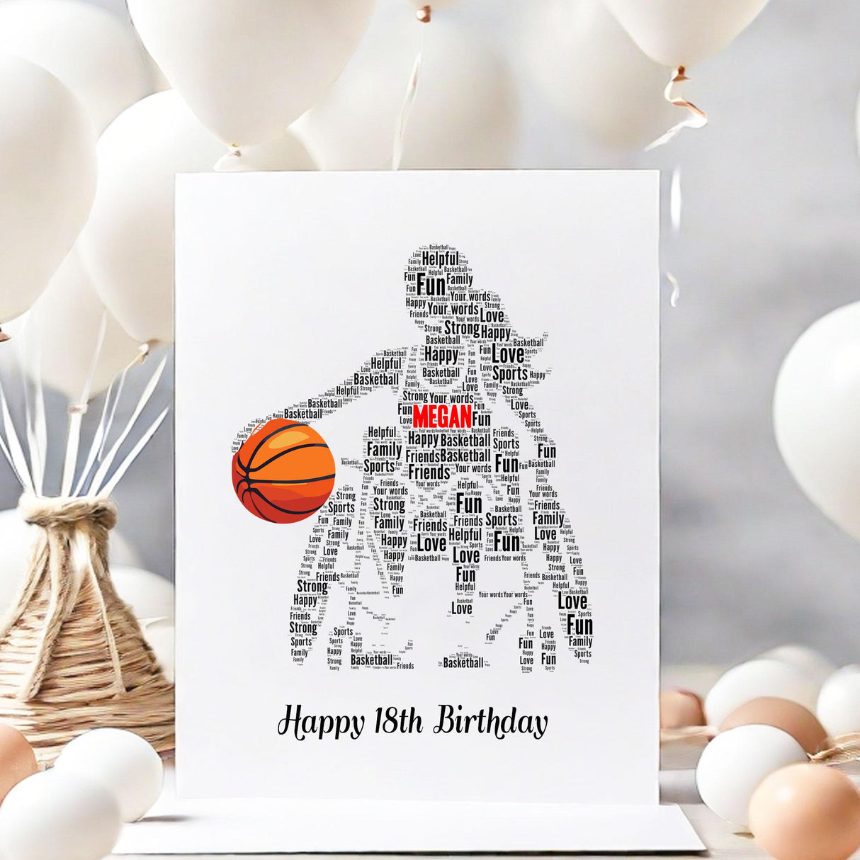 Custom Paralympics Basketball Birthday Number Card, Basketball word art greeting cards Birthday A5 size card with envelopes
