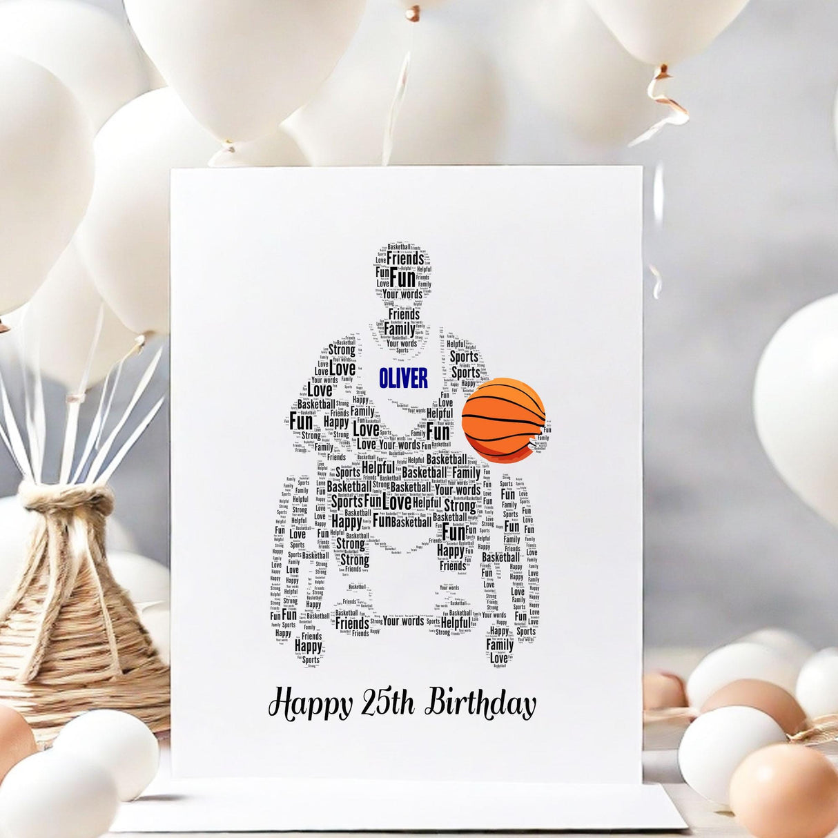 Personalised Paralympics Basketball Birthday Number Card, Male Basketball Player word Art greeting cards print A5 size envelopes