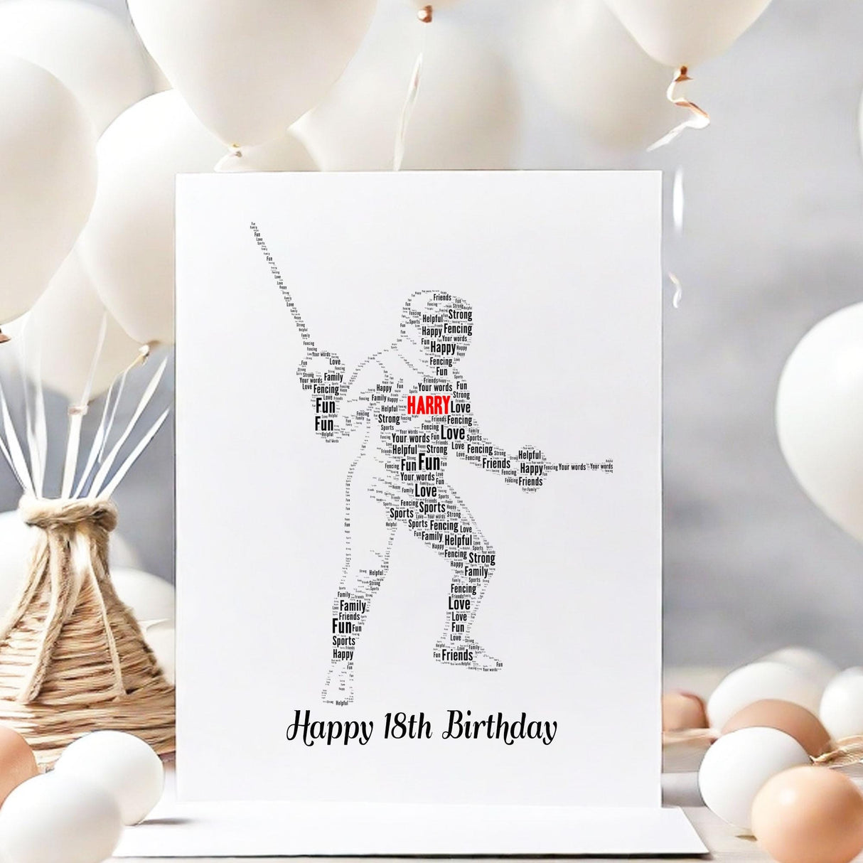 Personalized Fencing Word art Birthday Number Card, Male Fencing Player word cloud greeting cards Print A5 size card with envelopes