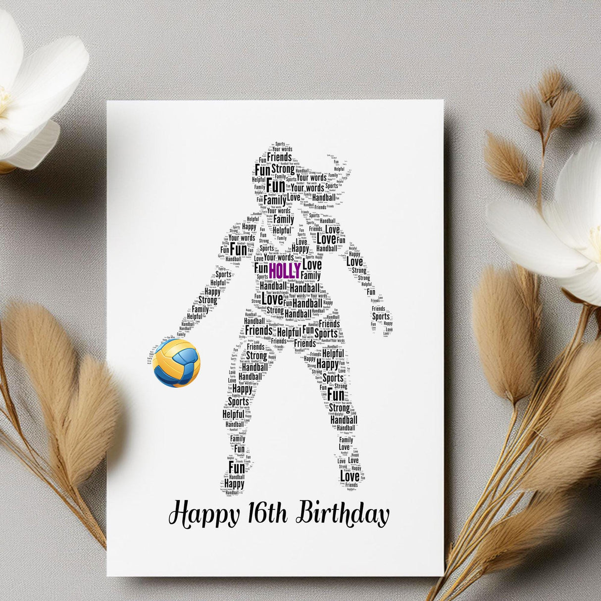 Custom Happy Birthday Number Card, Handball Female Figure Word art Birthday gift A5 card, Word Art Custom Card Print