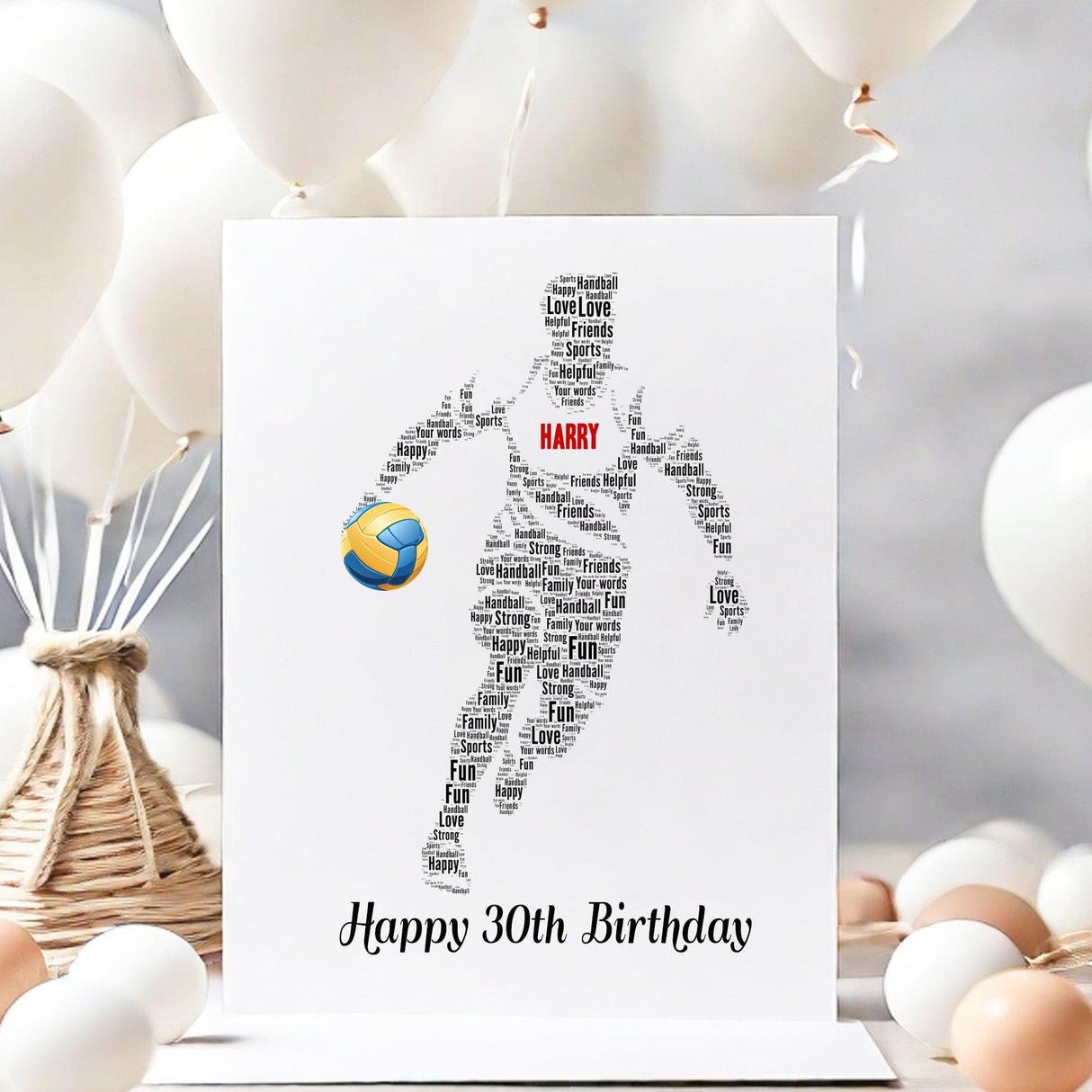Personalized Happy Birthday Number Card, Handball Male Figure Word art Birthday gift A5 card, Word Art Custom Card Print