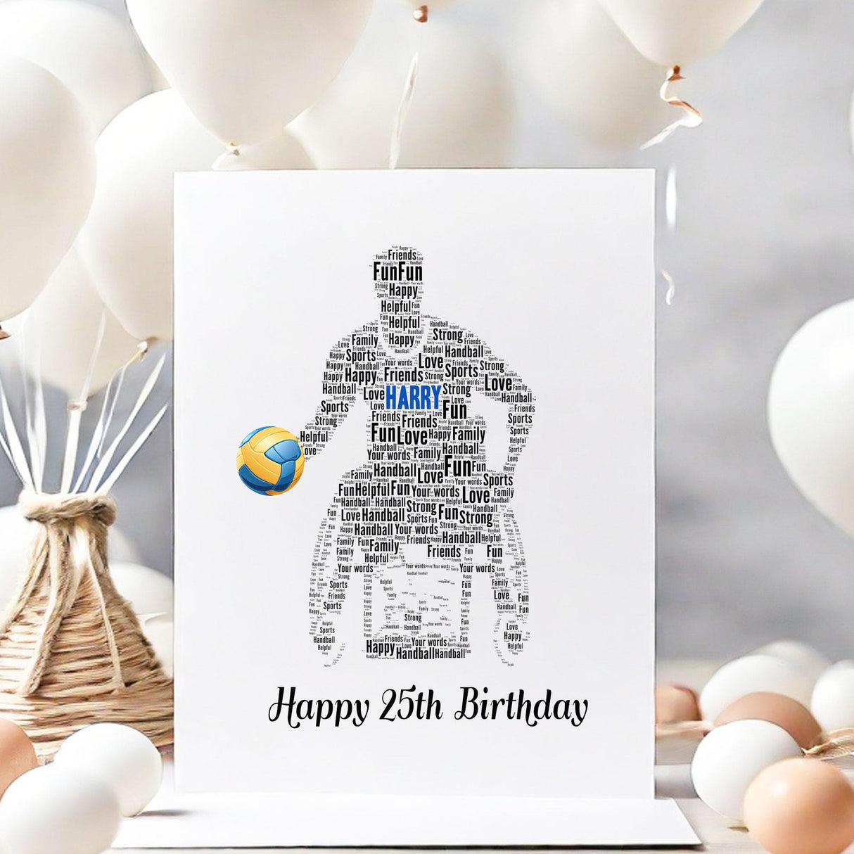 Personalized Happy Birthday Number Card, Paralympics Handball Male Figure Word art Birthday gift A5 card, Word Art Custom Card Print